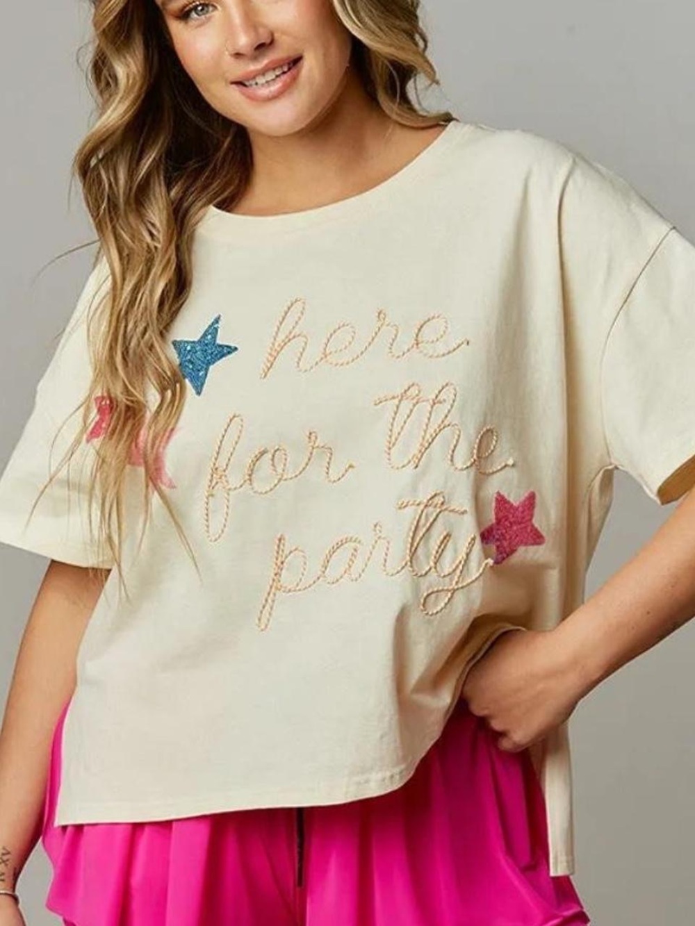 Peach Love California Here For The Party Sequin Star Tee Size Small